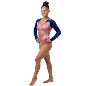 GK Elite VTG Shimmering Patriotic Holographic LS Velvet Leotard Red Blue AXS